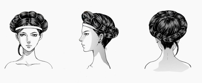 3 hình phác hoạ kiểu tóc búi quanh đầu của phụ nữ thời vua Hùng.
