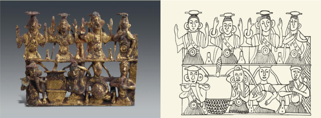 2 hình ảnh, một bên là bản vẽ, bên còn lại là hiện vật của các bức tượng thời Điền Việt.