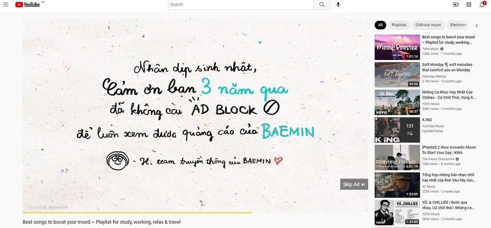 Ảnh chụp màn hình 1 video quảng cáo của Baemin với câu chữ dí dỏm.