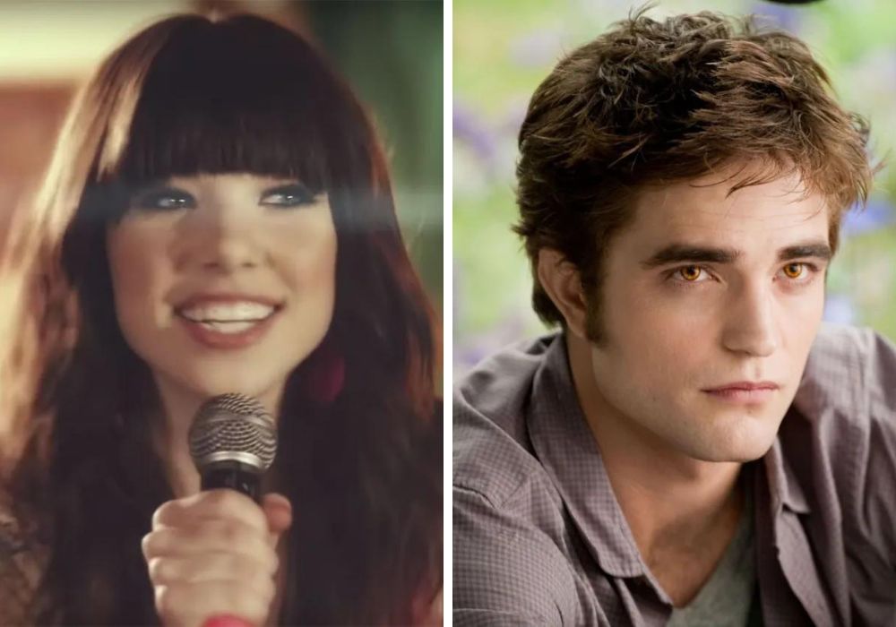 Bên trái: Carly Rae Jepsen trong MV "Call Me Maybe". Bên phải: Robert Pattinson trong loạt phim "Twilight"