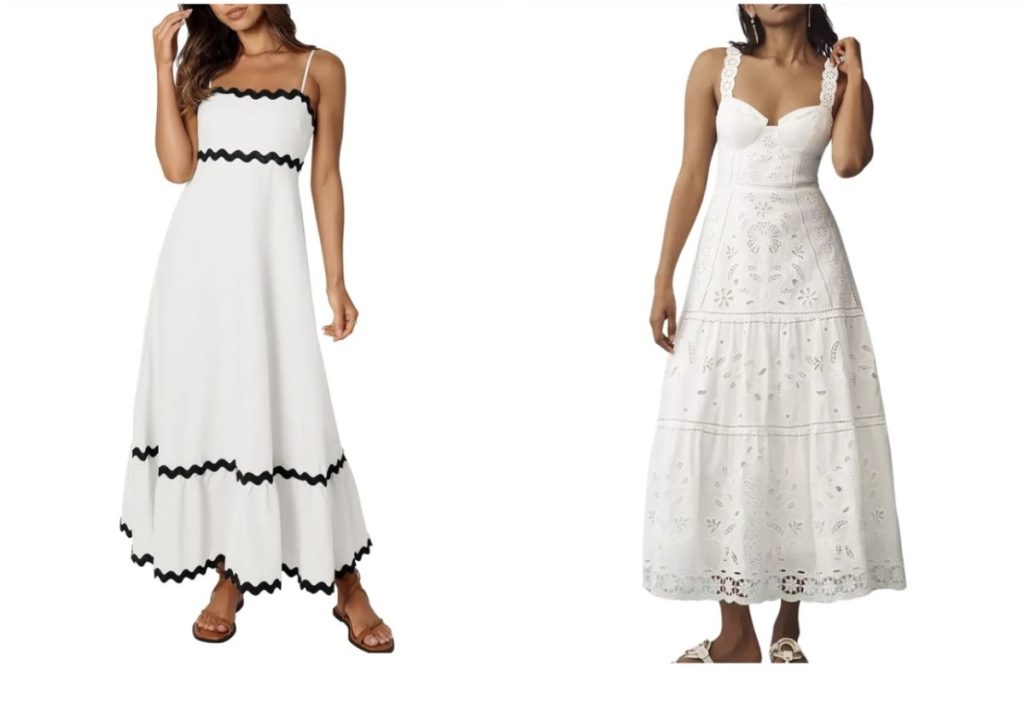 Xu hướng thời trang đầm trắng thể hiện qua 2 ví dụ với hoạ tiết khác nhau. Bên trái: zíc-zác. Bên phải: hoạ tiết hoa.