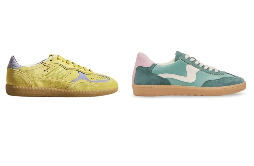 Xu hướng thời trang giày sneaker dáng thon thể hiện qua 2 ví dụ. Bên trái: giày màu vàng với chút xám. Bên phải: giày màu xanh lá với chút màu trắng.