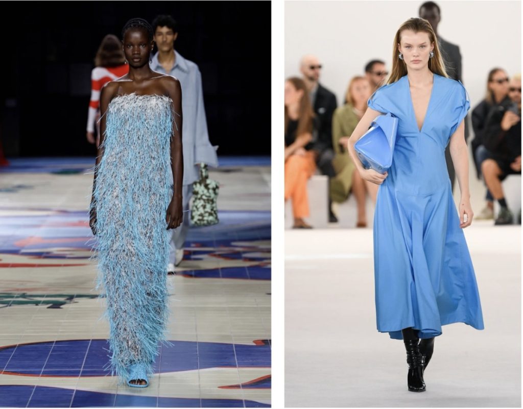 Bên trái: người mẫu mặc váy tua xanh. Bên phải: người mẫu mặc váy xanh kẻ sâu ngực, đi boot đen và cầm theo túi xanh, tất cả đều không có hoạ tiết.