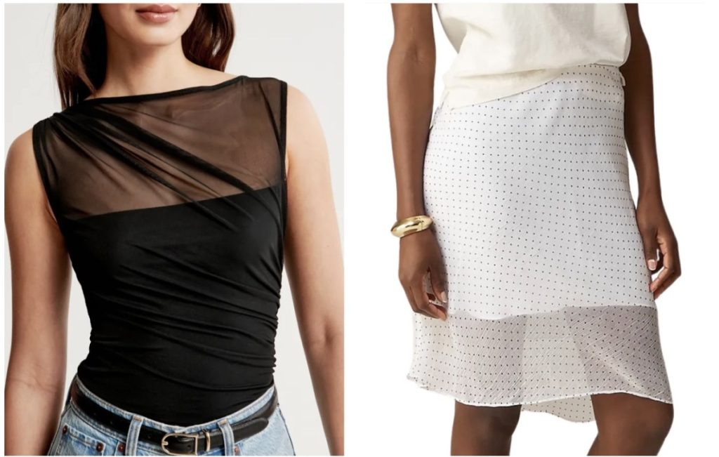 Xu hướng thời trang vải xuyên thấu thể hiện qua 2 ví dụ về áo đen (bên trái) và váy trắng (bên phải).