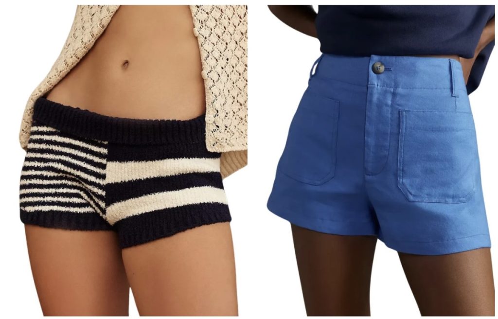 Xu hướng thời trang quần micro shorts thể hiện qua 2 ví dụ: quần chất liệu bông hoạ tiết kẻ ngang trắng và quần giả jeans xanh.