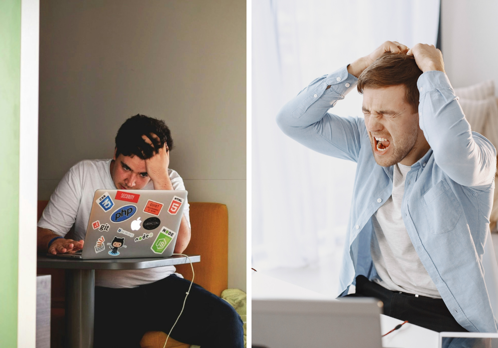 2 hình ảnh trái ngược miêu tả về Loud Exists và Quiet Quitting. Bên phải, một người ngồi trước máy tính chán nản. Bên trái, người này vò đầu và có cảm giác tức giận